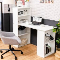 Costway Computer Writing Desk w/ Bookcase 6-tier Shelves Reversible Home Office Dorm in White - thumbnail 2