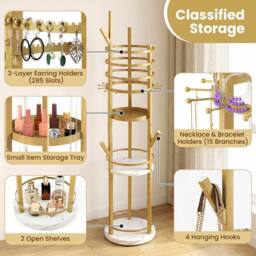 Costway Rotating Jewelry Stand Jewelry Display Tower w/Earring Necklace Holder in Gold - thumbnail 7