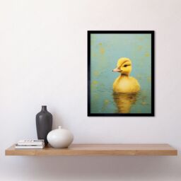 "Artery8 Wall Art Print Duckling on the Water Oil Painting Yellow & Duck Egg Blue Baby Art Framed in Black - Size: W12"" x H16""" - thumbnail 2
