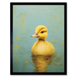 "Artery8 Wall Art Print Duckling on the Water Oil Painting Yellow & Duck Egg Blue Baby Art Framed in Black - Size: W12"" x H16""" - thumbnail 1