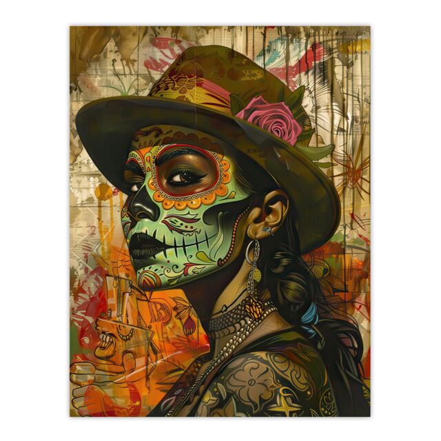 "Artery8 Mexican Day of the Dead Portrait Street Art Tattoos Wall Art Print in Brown - Size: W24"" x H32""" - image 1