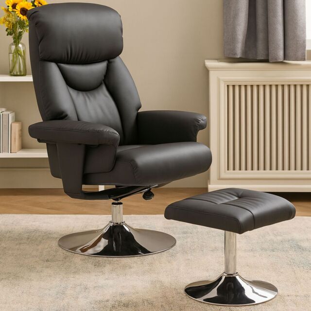 Orsina Denton Leather Effect Reclining Chair & Footstool in Black - image 1