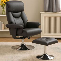 Orsina Denton Leather Effect Reclining Chair & Footstool in Black - thumbnail 1