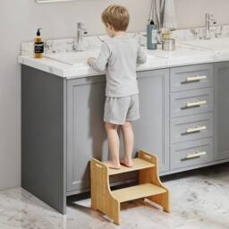 Levede Bamboo Step Stool with Handle Shelf Footstool Bathroom Kitchen Bed in Natural - thumbnail 3