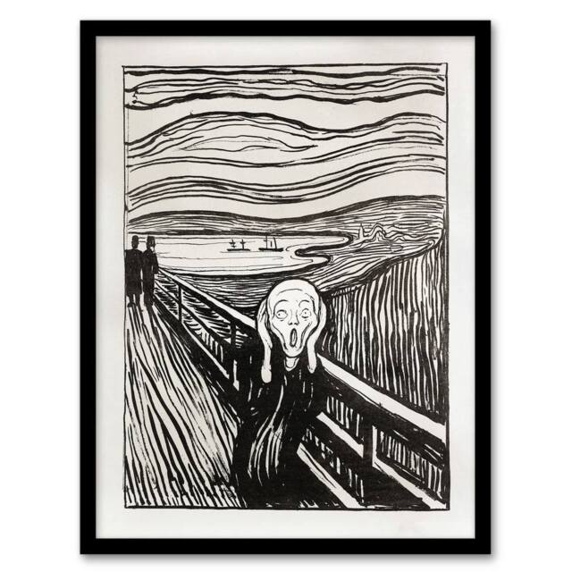 "Artery8 The Scream 1895 Black & White Munch Vintage Framed Wall Art Print - Size: W12"" x H16""" - image 1
