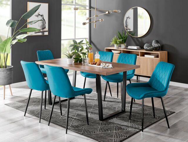 FurnitureboxUK Kylo Large Brown Wood Effect Dining Table & 6 Pesaro Velvet Black Leg Chairs in Blue - image 1