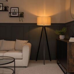 ValueLights Barbro Black Wood Tripod Floor Light Lamp with Reni Drum Shade in Natural - thumbnail 3