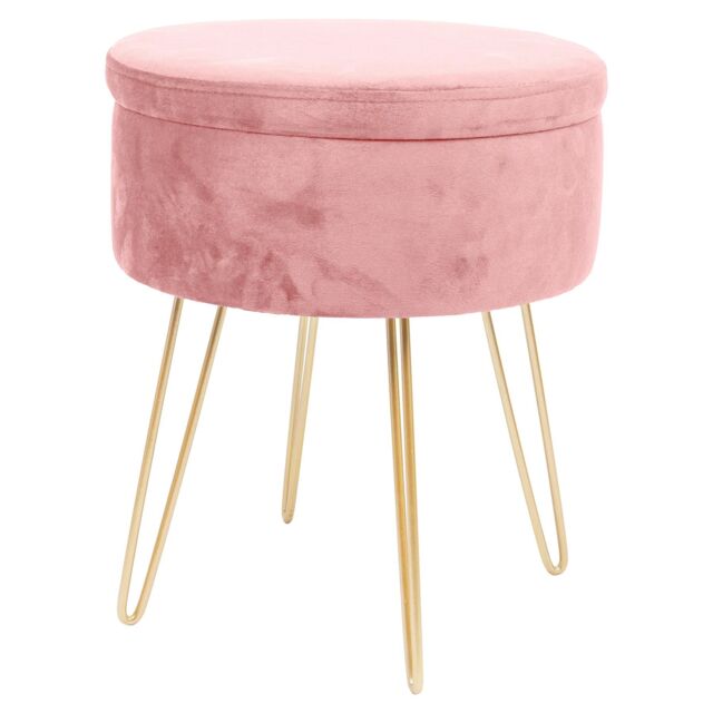 Harbour Housewares Round Velvet Storage Footstool - H45 x D36cm - Gold Legs in Pink - image 1