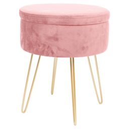 Harbour Housewares Round Velvet Storage Footstool - H45 x D36cm - Gold Legs in Pink
