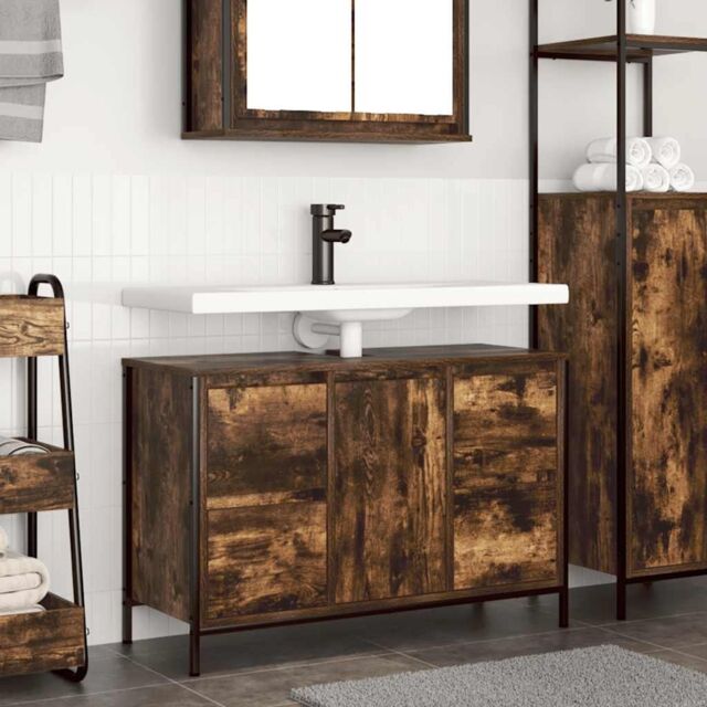 Berkfield Home Basin Cabinet with Drawers Smoked Oak 90x34.5x60 cm in Brown - image 1