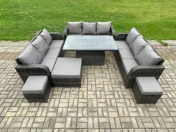 Fimous Patio Garden Dining Set Outdoor Rattan Furniture Sofa Height Adjustable Rising Table With Big Footstool in Dark Grey - thumbnail 2