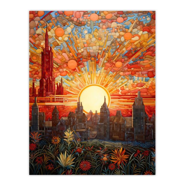 "Artery8 Wall Art Print Seville Spain Magnificent Sunrise Over Cathedral Abstract Cityscape Flowers Artwork Painting Poster - Size: W24"" x H32""" - image 1