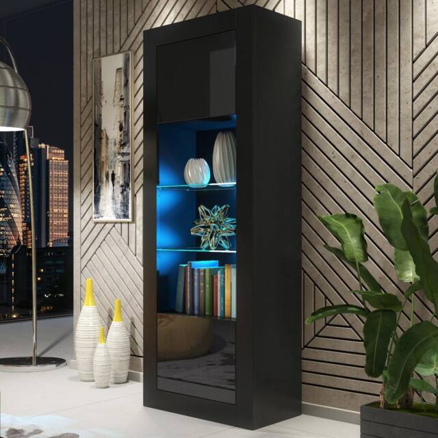 Mex Furniture LTD Display Cabinet Illume 170cm - Black with Gloss Doors & LED Lights - image 1