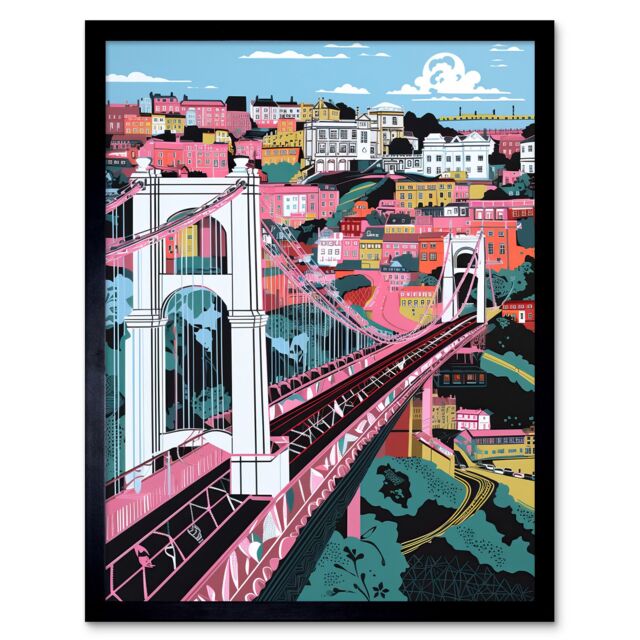 "Artery8 Wall Art Print Clifton Suspension Bridge Pink & Teal Cityscape Art Framed in Black - Size: W12"" x H16""" - image 1