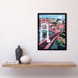 "Artery8 Wall Art Print Clifton Suspension Bridge Pink & Teal Cityscape Art Framed in Black - Size: W12"" x H16""" - thumbnail 2
