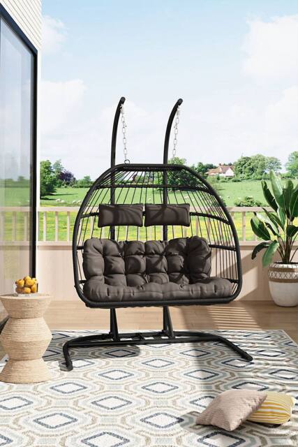 Living and Home Freestanding Outdoor Hanging 2-Seater Egg Chair in Black - image 1