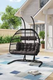 Living and Home Freestanding Outdoor Hanging 2-Seater Egg Chair in Black - thumbnail 2
