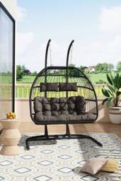 Living and Home Freestanding Outdoor Hanging 2-Seater Egg Chair in Black - thumbnail 1