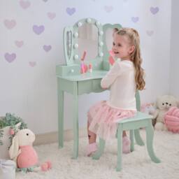 Teamson Kids Heart Kids Vanity Table with LED, Mirror, Stool & Drawers in Green - thumbnail 2