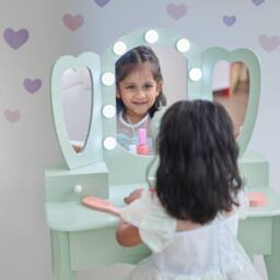 Teamson Kids Heart Kids Vanity Table with LED, Mirror, Stool & Drawers in Green - thumbnail 3