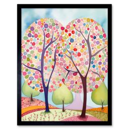 "Artery8 Wall Art Print Two Trees Blooming In Spring Folk Art Watercolour Painting Art Framed in Black - Size: W12"" x H16""" - thumbnail 1