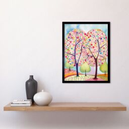 "Artery8 Wall Art Print Two Trees Blooming In Spring Folk Art Watercolour Painting Art Framed in Black - Size: W12"" x H16""" - thumbnail 2