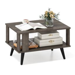 Gymax 2-Tier Center Table Wooden Small Coffee Table With Open Storage Shelf in Grey - thumbnail 2