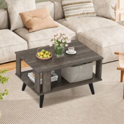 Gymax 2-Tier Center Table Wooden Small Coffee Table With Open Storage Shelf in Grey - thumbnail 1