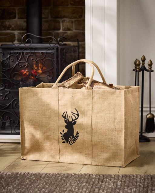 Dibor Traditional Hazelwood Stag Hessian Firewood Log Storage Jute Bag H40 x W60cm in Natural - image 1