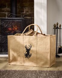 Dibor Traditional Hazelwood Stag Hessian Firewood Log Storage Jute Bag H40 x W60cm in Natural - thumbnail 1