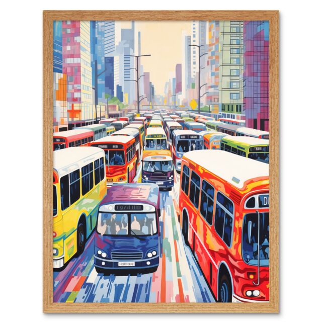 "Artery8 Wall Art Print The Bus Lane by Adrienne Finch Busy Cityscape Traffic Artwork London New York LA Art Framed in Light Oak - Size: W12"" x H16""" - image 1