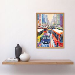 "Artery8 Wall Art Print The Bus Lane by Adrienne Finch Busy Cityscape Traffic Artwork London New York LA Art Framed in Light Oak - Size: W12"" x H16""" - thumbnail 2