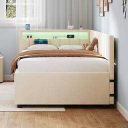 Merax 3ft Single Upholstered Daybed Sofa Bed with Pull Out Trundle, LED in Beige - thumbnail 8