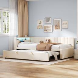 Merax 3ft Single Upholstered Daybed Sofa Bed with Pull Out Trundle, LED in Beige - thumbnail 6