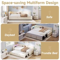Merax 3ft Single Upholstered Daybed Sofa Bed with Pull Out Trundle, LED in Beige - thumbnail 9
