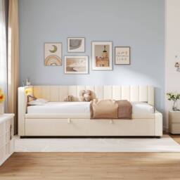 Merax 3ft Single Upholstered Daybed Sofa Bed with Pull Out Trundle, LED in Beige - thumbnail 7