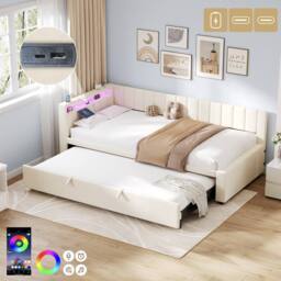 Merax 3ft Single Upholstered Daybed Sofa Bed with Pull Out Trundle, LED in Beige - thumbnail 2