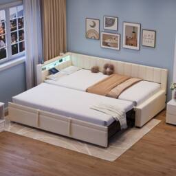 Merax 3ft Single Upholstered Daybed Sofa Bed with Pull Out Trundle, LED in Beige - thumbnail 5
