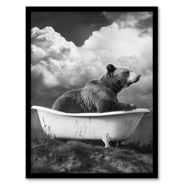 "Artery8 Surreal Bear in Bathtub Black White Bath Time Framed Art Print in Grey - Size: W12"" x H16""" - image 1