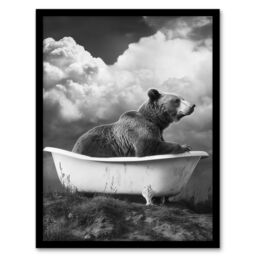 "Artery8 Surreal Bear in Bathtub Black White Bath Time Framed Art Print in Grey - Size: W12"" x H16""" - thumbnail 1