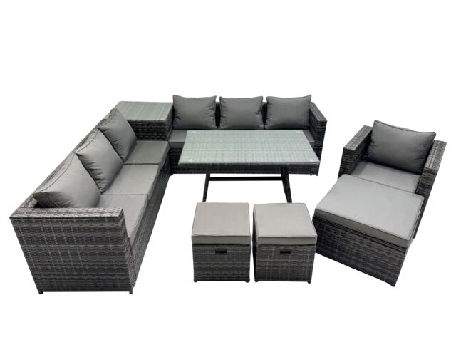 Fimous Garden Rattan Furniture Set 10 Seater with Side Table 3 Stools in Dark Grey - image 1