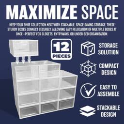 BARGAINS-GALORE 12pcs Shoe Box Storage Clear Plastic Stackable Large Shoe Organiser - thumbnail 4