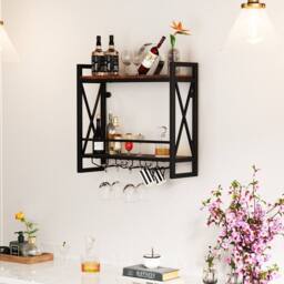 Costway Industrial Wall Mounted Wine Rack Organizer Bottle Glass Holder Storage Display in Brown - thumbnail 1