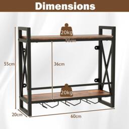 Costway Industrial Wall Mounted Wine Rack Organizer Bottle Glass Holder Storage Display in Brown - thumbnail 3