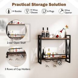 Costway Industrial Wall Mounted Wine Rack Organizer Bottle Glass Holder Storage Display in Brown - thumbnail 4