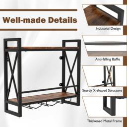 Costway Industrial Wall Mounted Wine Rack Organizer Bottle Glass Holder Storage Display in Brown - thumbnail 2