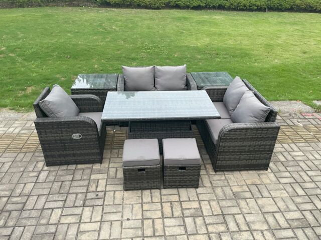 Fimous Wicker PE Rattan Furniture Garden Dining Set With Reclining Chair 2 Side Tables 2 Small Footstools in Dark Grey - image 1