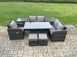 Fimous Wicker PE Rattan Furniture Garden Dining Set With Reclining Chair 2 Side Tables 2 Small Footstools in Dark Grey - thumbnail 2
