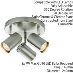 Loops 3x Adjustable Head Ceiling Spotlight Satin Chrome Round GU10 Kitchen Downlight - thumbnail 2