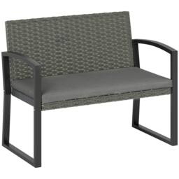 OUTSUNNY 2 Seater Rattan Garden Bench with Cushion, Steel Frame, Light Grey - thumbnail 2
